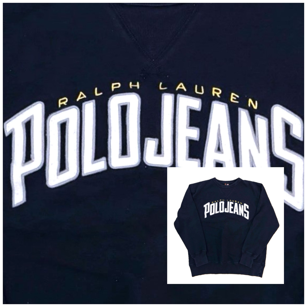 Vtg 90's Polo Ralph Lauren Jeans Co Sweatshirt L 3D Spell-out Navy white Yellow